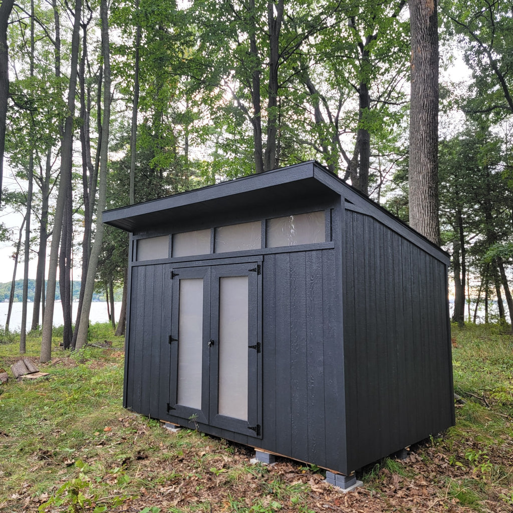 8x12 Single Slope Shed with Frosted Transom Windows + Frosted Double French Doors - Cedar Ridge Products