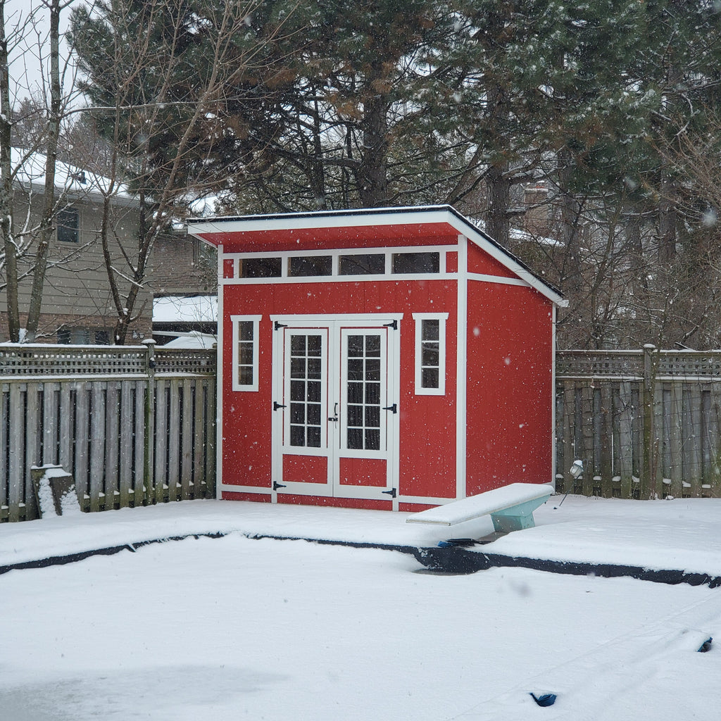 10’x10’ Deluxe Single Slope Shed with ¾ Double Doors, 2 Windows, 4 Transom Windows + Wood Floor